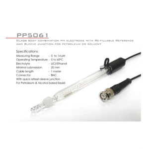 Glass body combination pH electrode with Re-fillable Ref. & Sleeve Junction for petroleum or ethanol