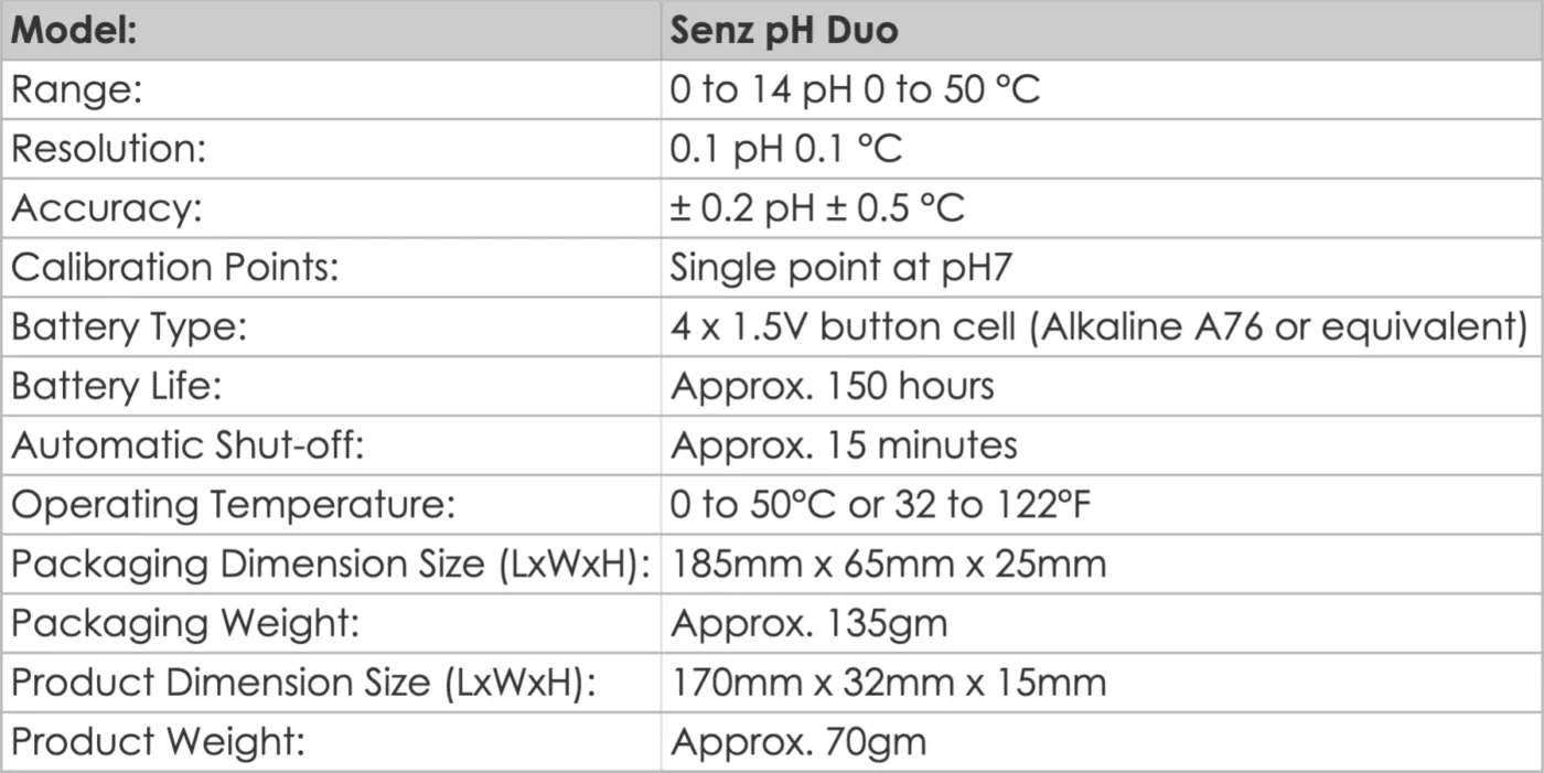 Senz pH Duo - Specifications