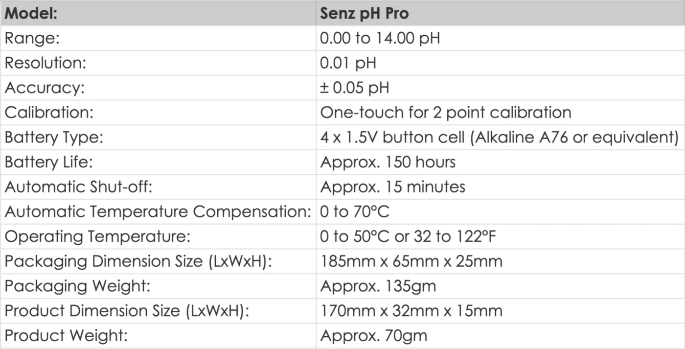 Senz pH Pro - Specifications