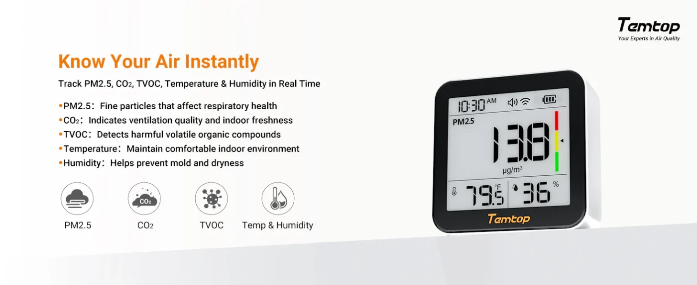Temtop M10+ WIFI Air Quality Monitor, Rechargeable CO2 Detector with PM2.5 TVOC AQI Temperature and Humidity, 6-in-1 Indoor Pollution Meter with App Control, Data Export, E-ink Screen for Home Office | Banner - Caresource