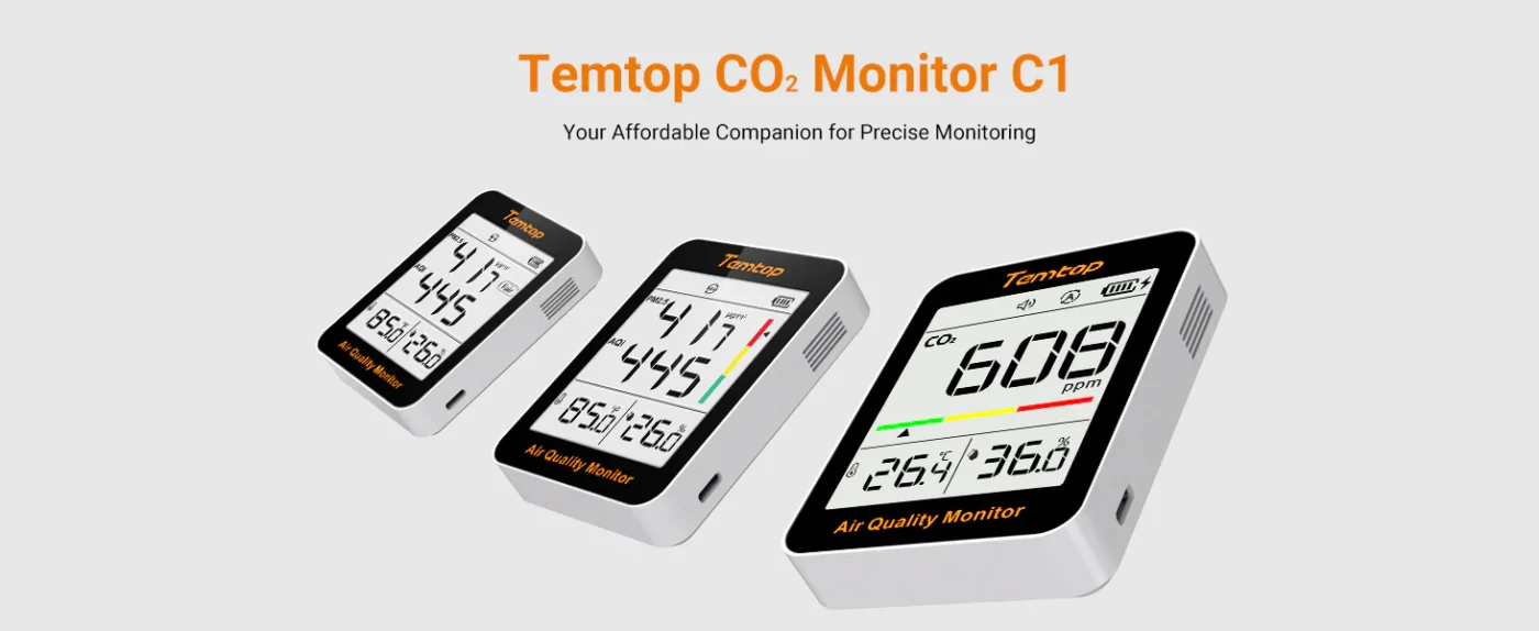 Temtop C1 CO2 Monitor Air Quality Monitor, Indoor Carbon Dioxide Detector, Tester for CO2, Temperature and Humidity| Banner - Caresource