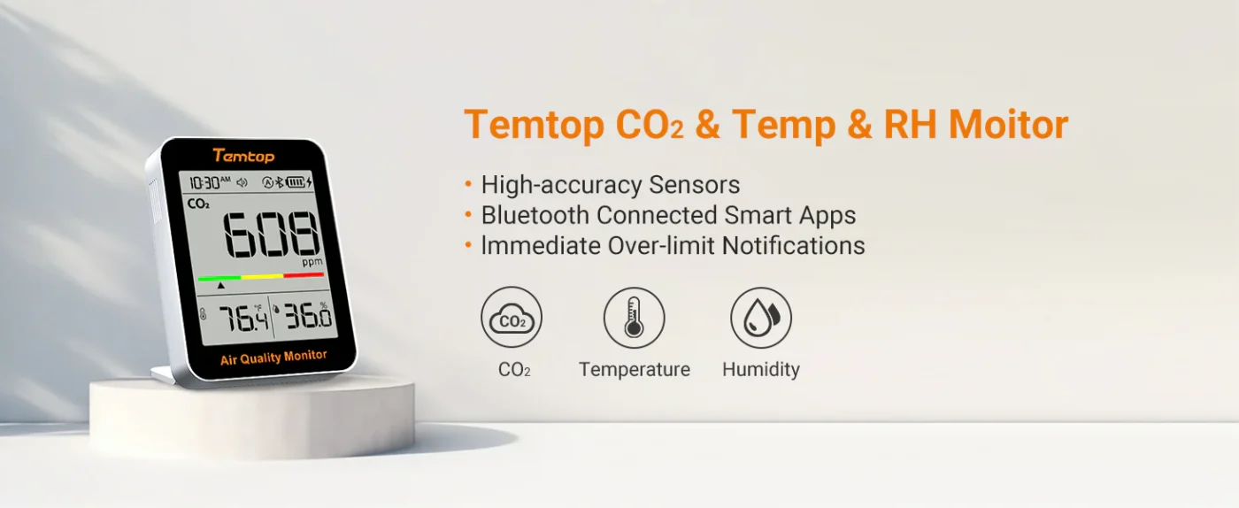 Temtop C1+ CO2 Monitor Indoor Air Quality Monitor for CO2, Temperature and Humidity with App and Data History | Banner - Caresource