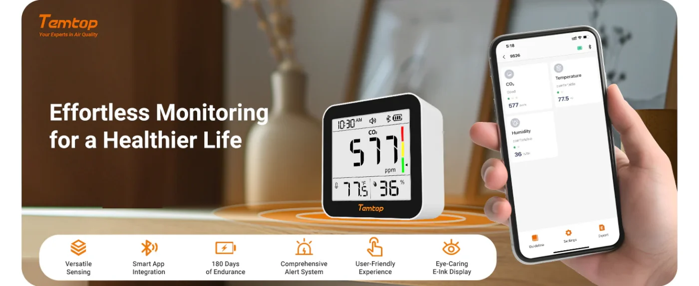 Temtop C10 2nd E-Ink Display CO2 Monitor Indoor Air Quality Monitor for CO2, Temperature and Humidity with App and Data History | Banner - Caresource