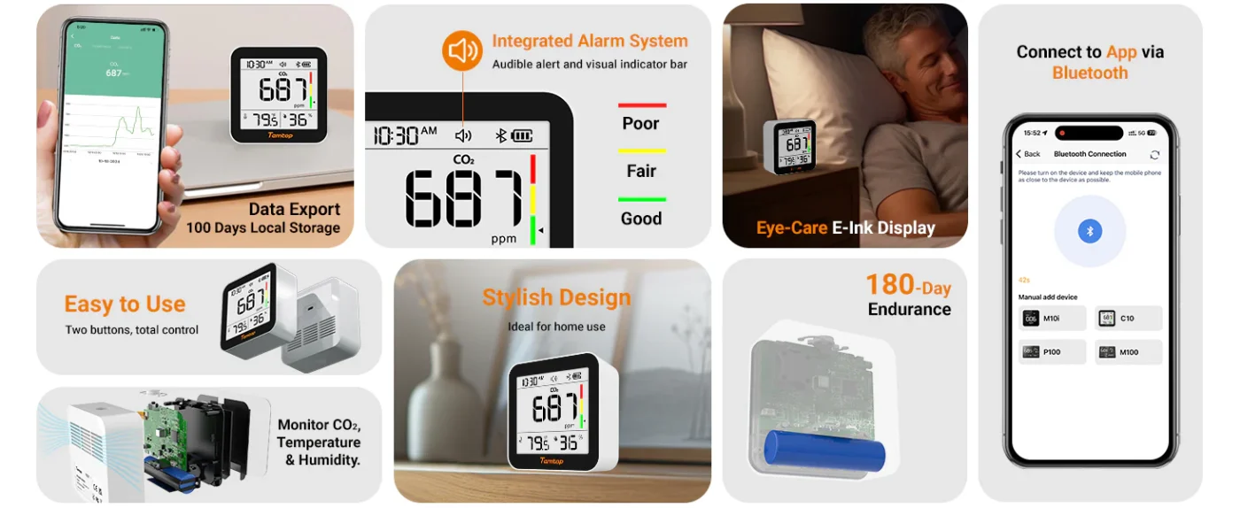 Temtop C10 2nd E-Ink Display CO2 Monitor Indoor Air Quality Monitor for CO2, Temperature and Humidity with App and Data History | Banner - Caresource
