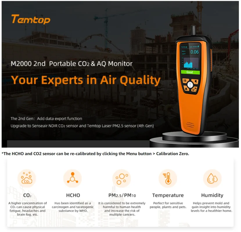Temtop M2000 2nd CO2 Detector Portable Air Quality Monitor of Carbon Dioxide PM2.5 PM10 Formaldehyde | Banner - Caresource