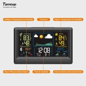 Temtop Weather Station W100 – Multifunctional Weather Station with Indoor/Outdoor Temperature, Humidity, Atmospheric Pressure, Weather Forecast, Moon Phase, and Alarm Features | Caresource