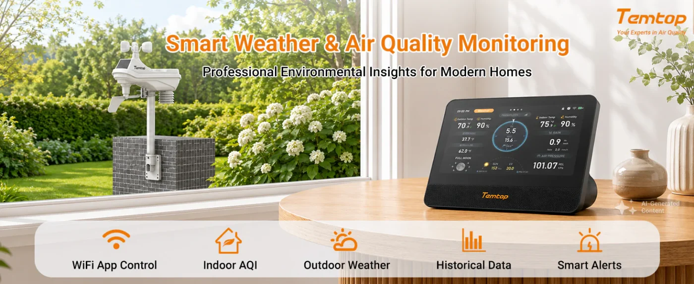 Temtop W100 WiFi Weather Station with Air Quality Monitor, 7" Touchscreen Indoor Outdoor Weather Station, PM2.5/PM10/CO2/TVOC Monitor, Rain Gauge, Wind Speed & Direction, UV, AQI Forecast | Banner - Caresource
