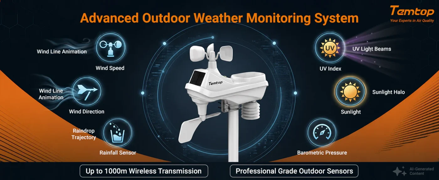 Temtop W100 WiFi Weather Station with Air Quality Monitor, 7" Touchscreen Indoor Outdoor Weather Station, PM2.5/PM10/CO2/TVOC Monitor, Rain Gauge, Wind Speed & Direction, UV, AQI Forecast | Banner - Caresource
