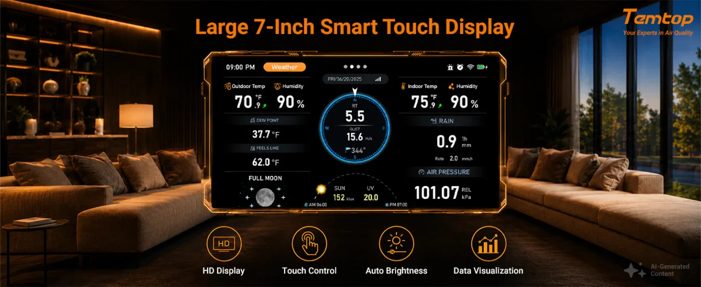 Temtop W100 WiFi Weather Station with Air Quality Monitor, 7" Touchscreen Indoor Outdoor Weather Station, PM2.5/PM10/CO2/TVOC Monitor, Rain Gauge, Wind Speed & Direction, UV, AQI Forecast | Banner - Caresource