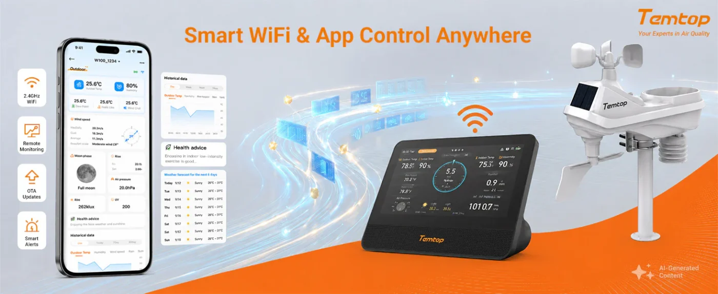 Temtop W100 WiFi Weather Station with Air Quality Monitor, 7" Touchscreen Indoor Outdoor Weather Station, PM2.5/PM10/CO2/TVOC Monitor, Rain Gauge, Wind Speed & Direction, UV, AQI Forecast | Banner - Caresource