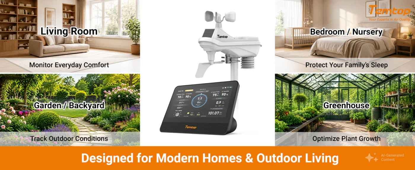 Temtop W100 WiFi Weather Station with Air Quality Monitor, 7" Touchscreen Indoor Outdoor Weather Station, PM2.5/PM10/CO2/TVOC Monitor, Rain Gauge, Wind Speed & Direction, UV, AQI Forecast | Banner - Caresource