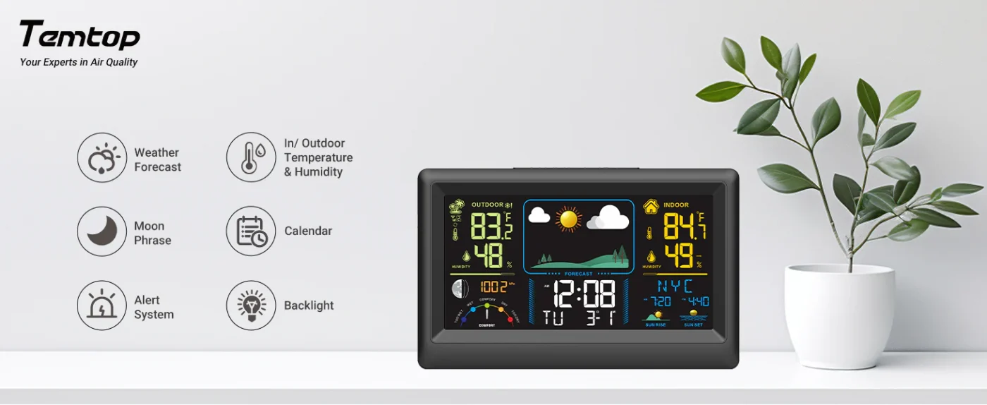 Temtop Weather Station W100 – Multifunctional Weather Station with Indoor/Outdoor Temperature, Humidity, Atmospheric Pressure, Weather Forecast, Moon Phase, and Alarm Features - Banner | Caresource